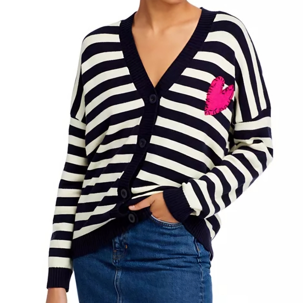Oversized Navy & Cream Heart Patch Stripe Cardigan- AQUA SZ. XS